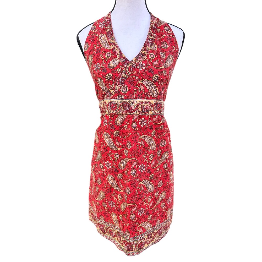 Red Paisley Cotton Halter Neck Apron Floral Boho Kitchen‎ Wrap Made in India